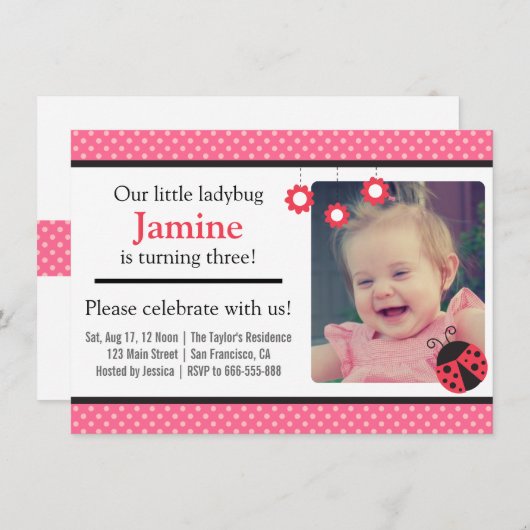 Invitation Soirée d'anniversaire à la coute Ladybug et aux po (Devant / Derrière)