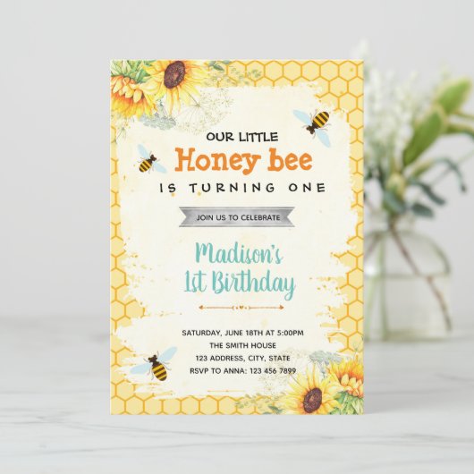 Invitation Soirée d'anniversaire à thème d'abeille (Debout devant)