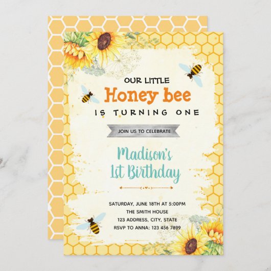 Invitation Soirée d'anniversaire à thème d'abeille (Devant / Derrière)