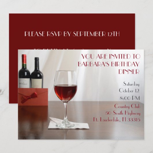 Invitation Soirée d'anniversaire au vin rouge sophistiquée (Devant / Derrière)