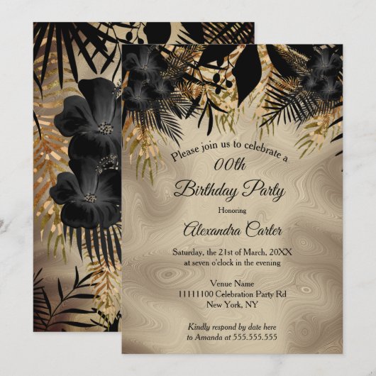 Invitation Soirée d'Anniversaire Beige Gold Black Floral (Devant / Derrière)