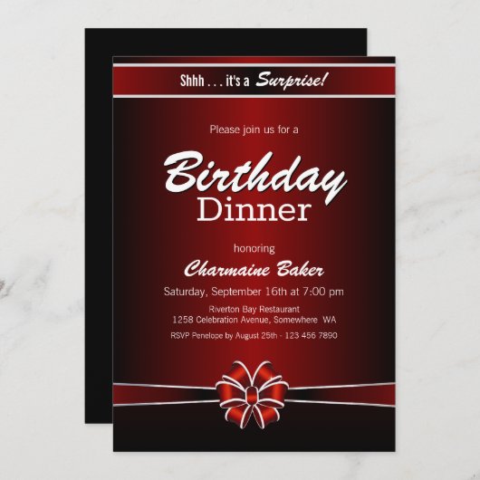 Invitation Soirée d'anniversaire Black and Red Surprise (Devant / Derrière)