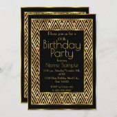 Invitation Soirée d'Anniversaire Black Gold Art Déco Chevron (Devant / Derrière)