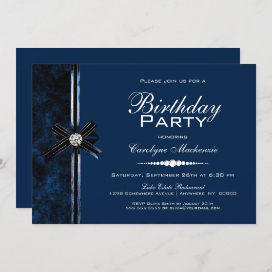 Invitation Soirée d'anniversaire bleu élégant (Devant / Derrière)