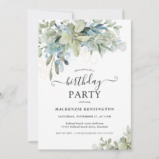 Invitation Soirée d'anniversaire chic Eucalyptus Green (Devant)