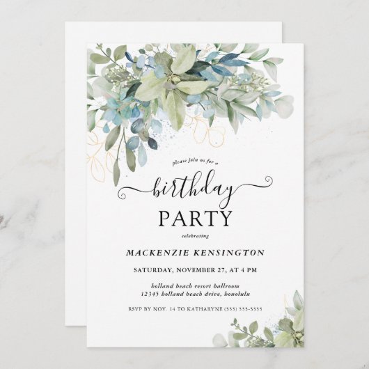 Invitation Soirée d'anniversaire chic Eucalyptus Green (Devant / Derrière)