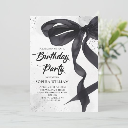 Invitation Soirée d'Anniversaire Coquette Black Bow (Debout devant)