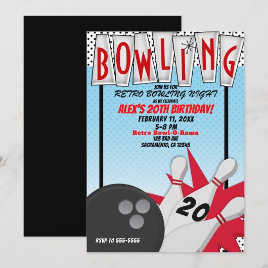 Invitation Soirée d'anniversaire de bowling rétro (Devant / Derrière)