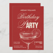 Invitation soirée d'anniversaire de cocktail vintage rouge (Devant / Derrière)