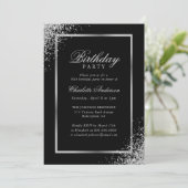 Invitation Soirée d'Anniversaire de Confetti en argent noir (Debout devant)
