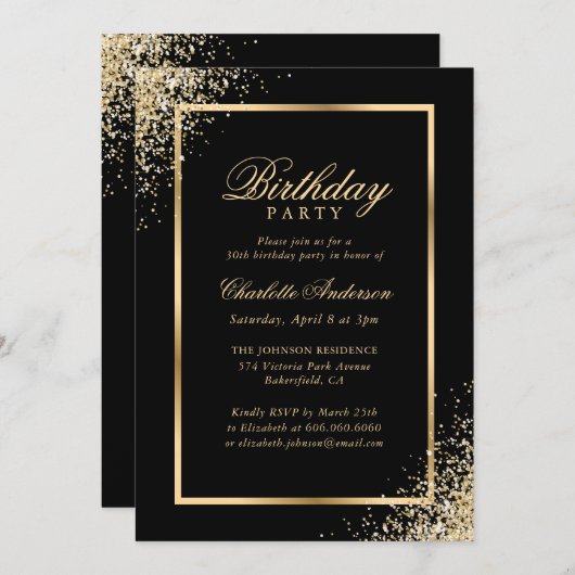Invitation Soirée d'Anniversaire de Confetti en or noir éléga (Devant / Derrière)