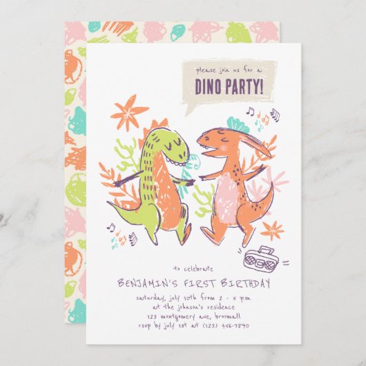 Invitation Soirée d'anniversaire de Cute Dinosaur (Devant / Derrière)