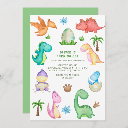 Invitation Soirée d'anniversaire de Cute Dinosaur (Devant / Derrière)