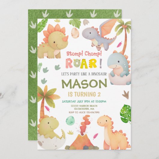 Invitation Soirée d'anniversaire de Cute Dinosaur (Devant / Derrière)