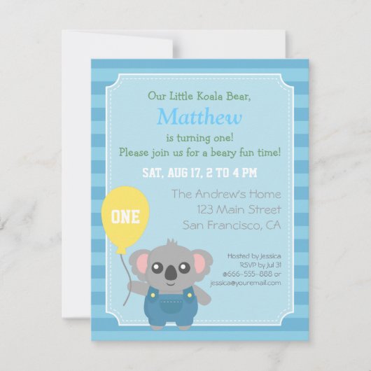 Invitation Soirée d'anniversaire de Cute Koala Bear Boy (Devant)