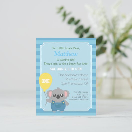 Invitation Soirée d'anniversaire de Cute Koala Bear Boy (Debout devant)