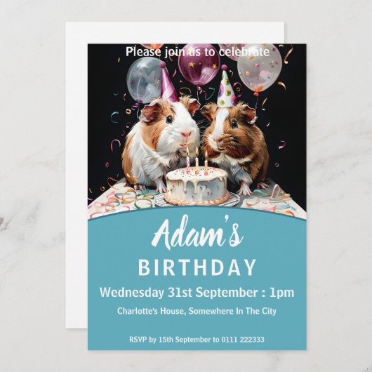 Invitation Soirée d'anniversaire de la Cochon de Guinée (Devant / Derrière)