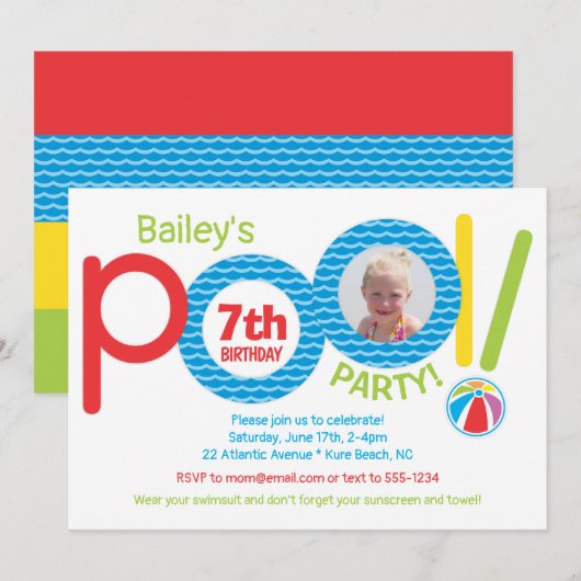 Invitation Soirée d'anniversaire de la fête de la piscine pou (Devant / Derrière)