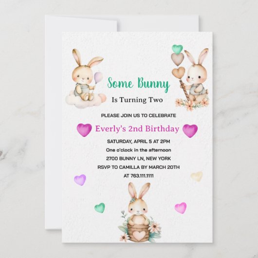 Invitation Soirée d'anniversaire de la fille Bunny mignonne (Devant)