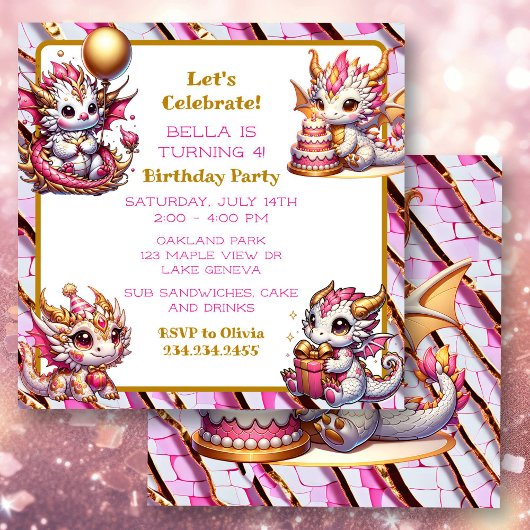 Invitation Soirée d'anniversaire de la fille du Dragon rose e