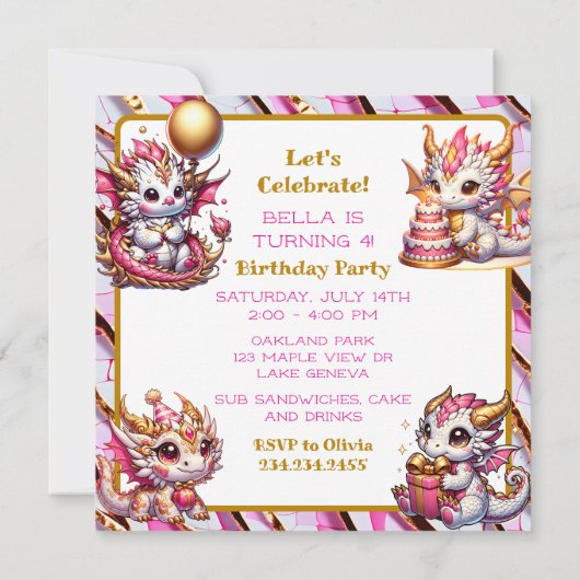 Invitation Soirée d'anniversaire de la fille du Dragon rose e (Dos)