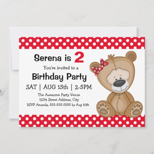 Invitation Soirée d'anniversaire de la fille Teddy Bear Pois (Devant)