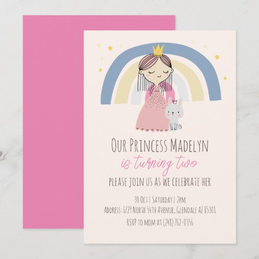 Invitation Soirée d'anniversaire de la mignonne princesse (Devant / Derrière)