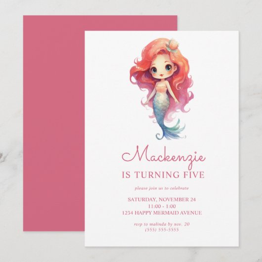 Invitation Soirée d'anniversaire de la mignonne sirène (Devant / Derrière)