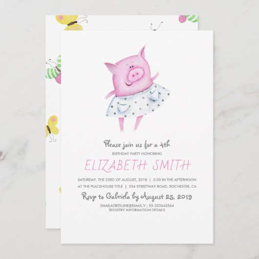 Invitation Soirée d'anniversaire de la petite fille de cochon (Devant / Derrière)