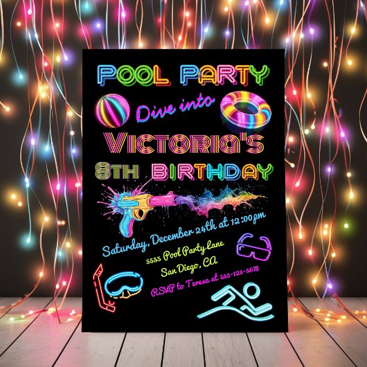 Invitation Soirée d'anniversaire de la piscine de Neon