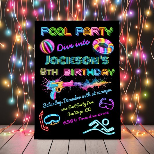 Invitation Soirée d'anniversaire de la piscine de Neon
