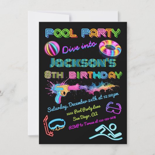 Invitation Soirée d'anniversaire de la piscine de Neon (Devant)
