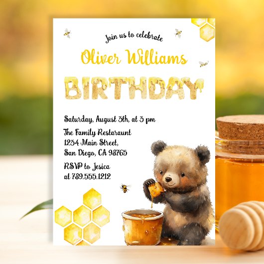 Invitation Soirée d'anniversaire de l'ours de miel jaune mign