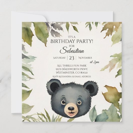 Invitation Soirée d'anniversaire de l'Ours mignon (Devant)