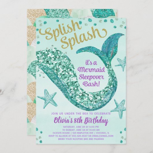 Invitation Soirée d'anniversaire de Mermaid (Devant / Derrière)
