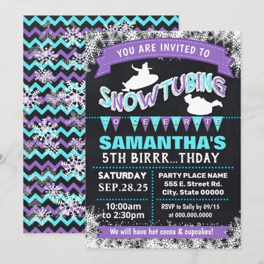 Invitation Soirée d'anniversaire de neige à la traîne violett (Devant / Derrière)