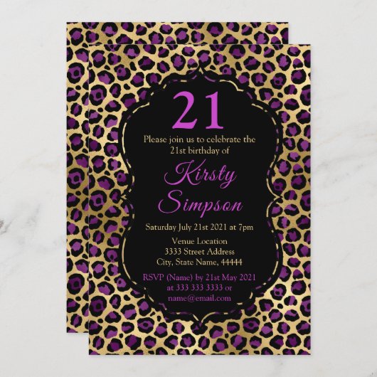 Invitation Soirée d'anniversaire d'Empreinte de léopard Gold (Devant / Derrière)