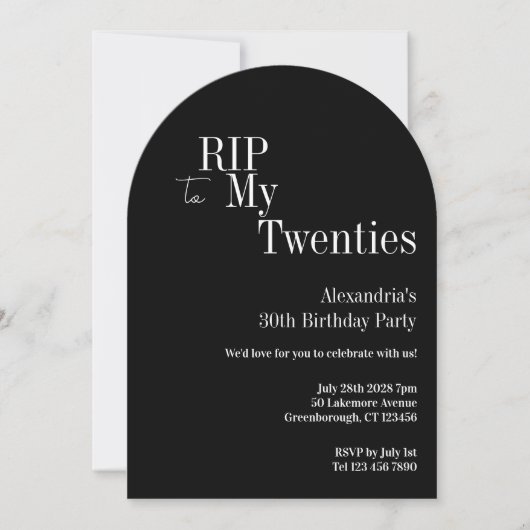 Invitation Soirée d'anniversaire des 30 ans RIP 20s Noir et B (Devant)