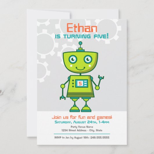 Invitation Soirée d'anniversaire des robots verts (Devant)