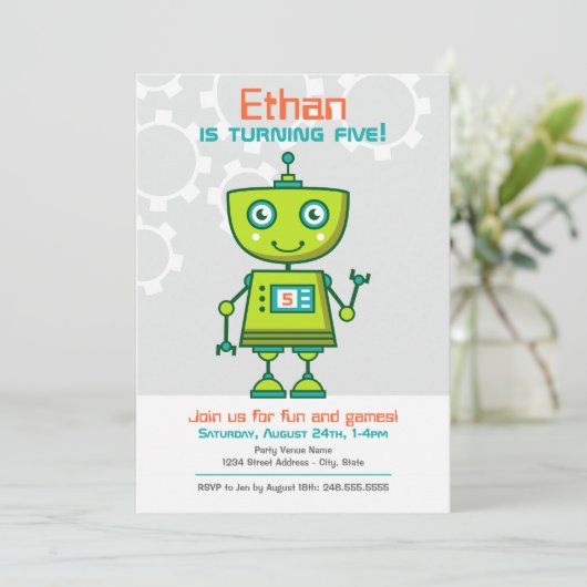 Invitation Soirée d'anniversaire des robots verts (Debout devant)