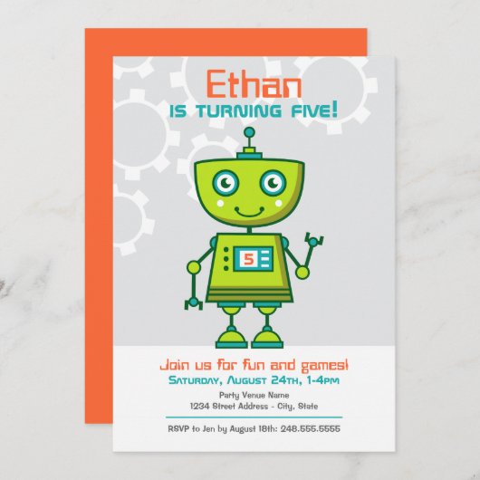 Invitation Soirée d'anniversaire des robots verts (Devant / Derrière)