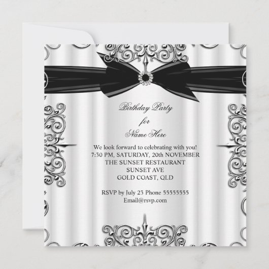 Invitation Soirée d'anniversaire Diamond Black Bow (Dos)