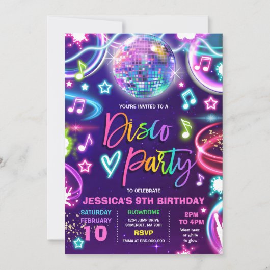 Invitation Soirée d'anniversaire Disco Neon Glow Disco Dance (Devant)