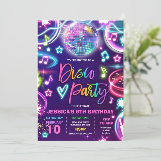 Invitation Soirée d'anniversaire Disco Neon Glow Disco Dance (Debout devant)