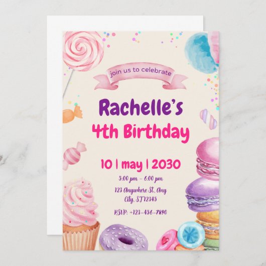 Invitation Soirée d'anniversaire douce et colorée (Devant / Derrière)