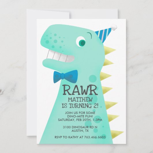 Invitation Soirée d'anniversaire du Cute Green Dinosaur (Devant)