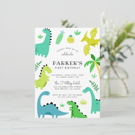 Invitation Soirée d'anniversaire du garçon Dinosaur Vert (Debout devant)