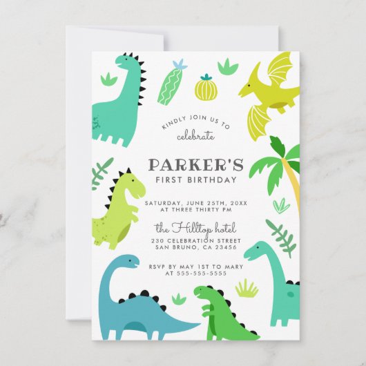 Invitation Soirée d'anniversaire du garçon Dinosaur Vert (Devant)