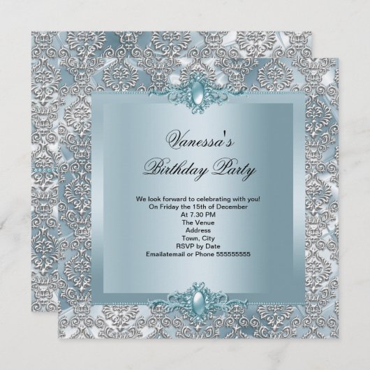 Invitation Soirée d'anniversaire Elegant Blue Damask Silver (Devant / Derrière)