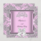 Invitation Soirée d'anniversaire Elegant rose Damask Argent (Devant / Derrière)